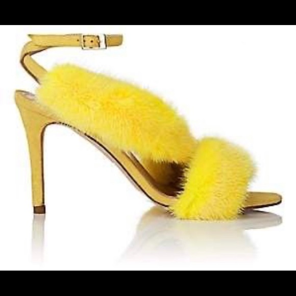 Barney’s New York Yellow Fur & Suede Sandals Heels - Picture 3 of 9